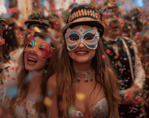 Karneval in Köln mit Umzug und verkleideten Besuchern in der Innenstadt