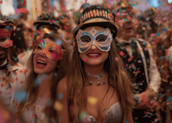 Karneval in Köln mit Umzug und verkleideten Besuchern in der Innenstadt