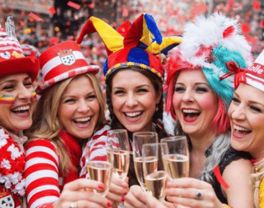 Freunde feiern Rosenmontag im Haus der Manufakturen Köln mit Kostümen und Prosecco mitten im Karneval